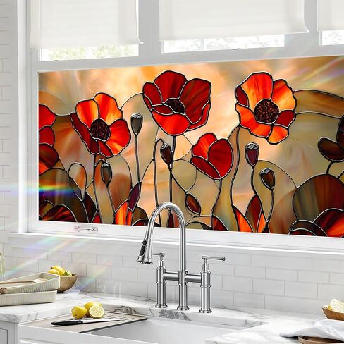 BVBOX Window Privacy Film 17.5" x 39.3", Red Floral Sun Blocking Stained Glass Window Film Sticker, Non Adhesive Decorative Glass Clings for Home Door Heat Control in Saudi Arabia