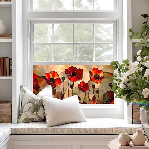 BVBOX Window Privacy Film 17.5" x 39.3", Red Floral Sun Blocking Stained Glass Window Film Sticker, Non Adhesive Decorative Glass Clings for Home Door Heat Control in Saudi Arabia