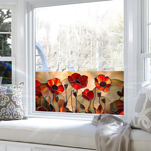 BVBOX Window Privacy Film 17.5" x 39.3", Red Floral Sun Blocking Stained Glass Window Film Sticker, Non Adhesive Decorative Glass Clings for Home Door Heat Control in Saudi Arabia