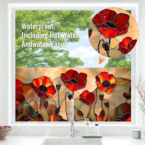 BVBOX Window Privacy Film 17.5" x 39.3", Red Floral Sun Blocking Stained Glass Window Film Sticker, Non Adhesive Decorative Glass Clings for Home Door Heat Control in Saudi Arabia
