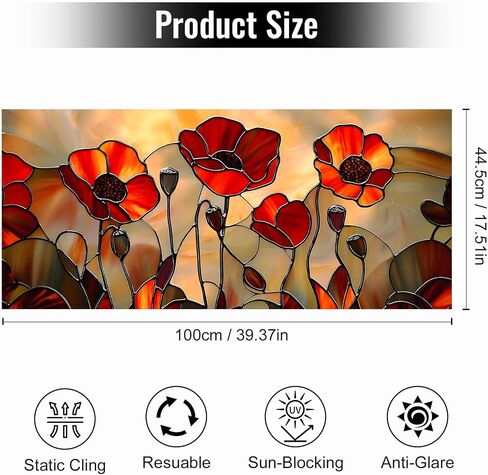 BVBOX Window Privacy Film 17.5" x 39.3", Red Floral Sun Blocking Stained Glass Window Film Sticker, Non Adhesive Decorative Glass Clings for Home Door Heat Control in Saudi Arabia