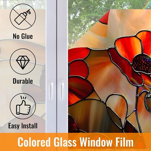 BVBOX Window Privacy Film 17.5" x 39.3", Red Floral Sun Blocking Stained Glass Window Film Sticker, Non Adhesive Decorative Glass Clings for Home Door Heat Control in Saudi Arabia