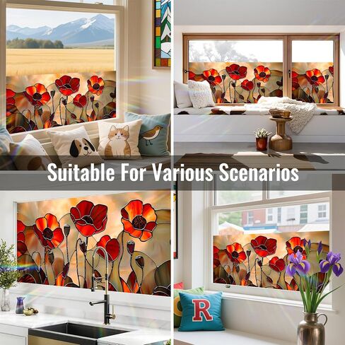 BVBOX Window Privacy Film 17.5" x 39.3", Red Floral Sun Blocking Stained Glass Window Film Sticker, Non Adhesive Decorative Glass Clings for Home Door Heat Control in Saudi Arabia