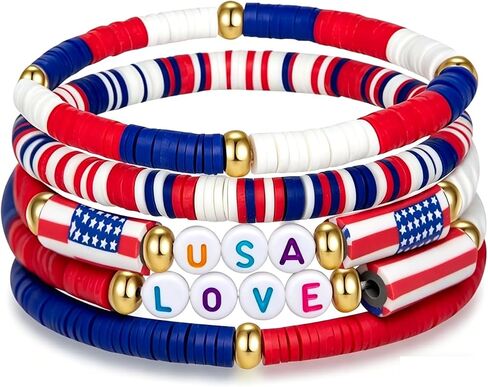 4th of July Patriotic American Flag Bracelets for Women, Red White Blue Stretch Bracelets for Patriotic USA Gifts in Saudi Arabia