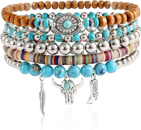 Turquoise Western Jewelry for Women Western Cowboy Bohemian Turquoise Bracelet Stackable Cow Head Charm Rustic Country Beaded Stretch Beads Jewelry Accessorie Set in Saudi Arabia