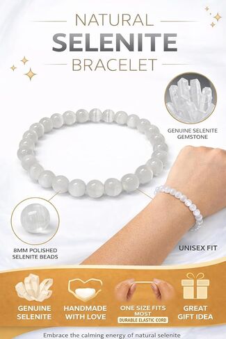 Natural Selenite Unisex Crystal Bracelet 8mm Beads, Healing, Energy Cleansing & Vastu Correction Stone for Men & Women, Spiritual Protection & Meditation Jewelry, Bring Luck, Prosperity, Happiness in Saudi Arabia