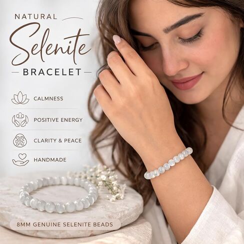 Natural Selenite Unisex Crystal Bracelet 8mm Beads, Healing, Energy Cleansing & Vastu Correction Stone for Men & Women, Spiritual Protection & Meditation Jewelry, Bring Luck, Prosperity, Happiness in Saudi Arabia