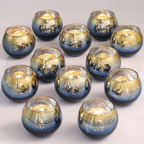 Volens Navy Votive Candle Holders Set of 12, Round Mercury Glass Tealight Candle Holder Bulk for Navy Blue and Gold Themed Party Decoration, Wedding Table Centerpiece & Home Decor in Saudi Arabia