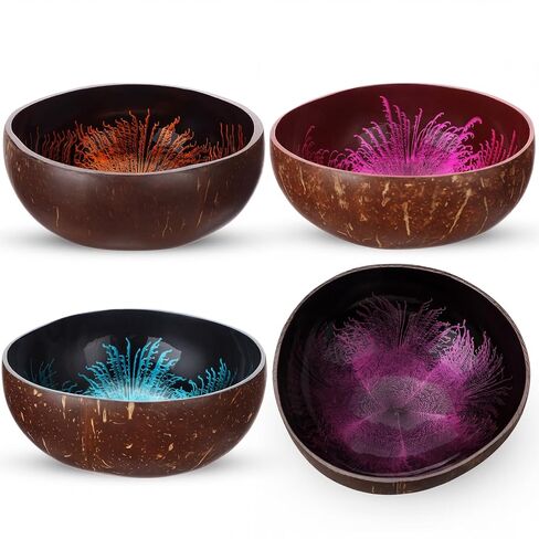LemonRoad 4 Pcs Decorative Coconut Bowl Natural Coconut Bowl Circular Handmade Mother of Pearl Inlaid Shell for DIY Craft, Jewelry Storage, Candy, Key, Nuts, Fruits Dry Snack Storage(Classical) in Kuwait