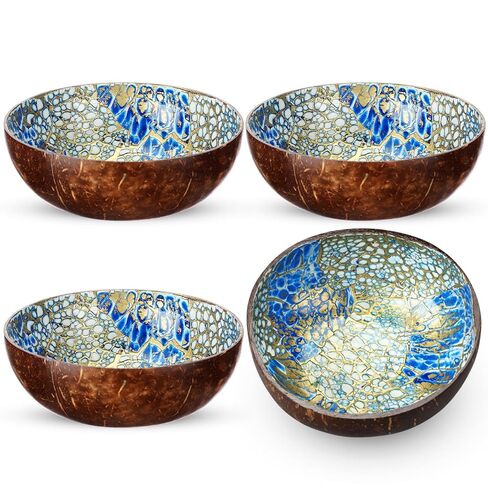 LemonRoad 4 Pcs Decorative Coconut Bowl Natural Coconut Bowl Circular Handmade Mother of Pearl Inlaid Shell for DIY Craft, Jewelry Storage, Candy, Key, Nuts, Fruits Dry Snack Storage(Classical) in Saudi Arabia