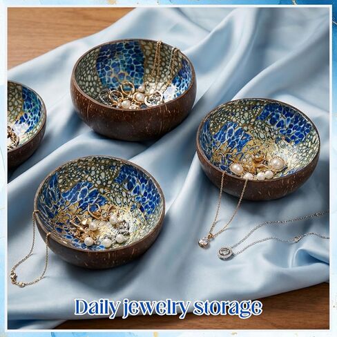 LemonRoad 4 Pcs Decorative Coconut Bowl Natural Coconut Bowl Circular Handmade Mother of Pearl Inlaid Shell for DIY Craft, Jewelry Storage, Candy, Key, Nuts, Fruits Dry Snack Storage(Classical) in Saudi Arabia