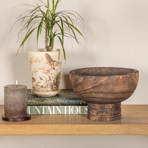 Creative Co-Op Round Paulownia Wood Pedestal Bowl, Marbled Brown Finish in Kuwait