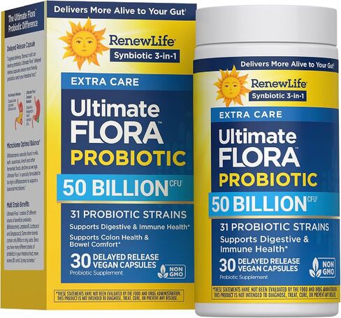 Renew Life Ultimate Flora Probiotic with Prebiotic | 50 Billion CFU | 31 Probiotic Strains | 30 Delayed Release Vegan Capsules | 3-1 Synbiotic | Supports Digestive Health | Dairy, Soy and Gluten Free in Kuwait
