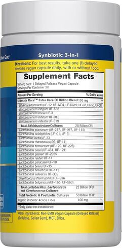 Renew Life Ultimate Flora Probiotic with Prebiotic | 50 Billion CFU | 31 Probiotic Strains | 30 Delayed Release Vegan Capsules | 3-1 Synbiotic | Supports Digestive Health | Dairy, Soy and Gluten Free in Kuwait
