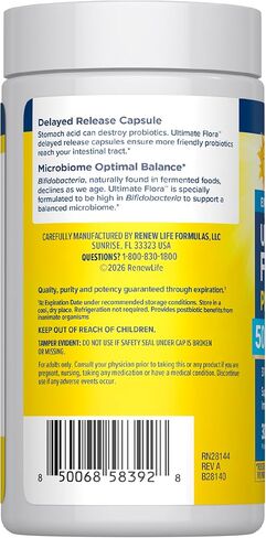 Renew Life Ultimate Flora Probiotic with Prebiotic | 50 Billion CFU | 31 Probiotic Strains | 30 Delayed Release Vegan Capsules | 3-1 Synbiotic | Supports Digestive Health | Dairy, Soy and Gluten Free in Kuwait
