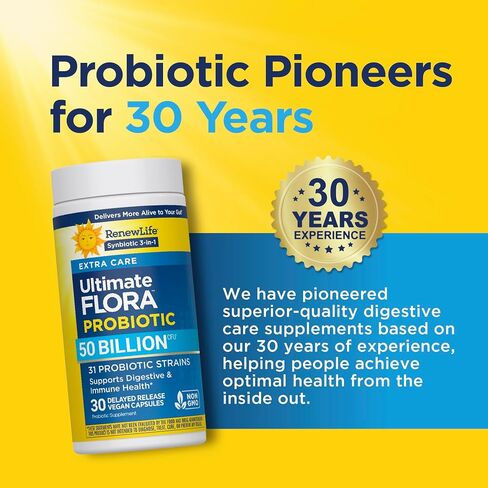 Renew Life Ultimate Flora Probiotic with Prebiotic | 50 Billion CFU | 31 Probiotic Strains | 30 Delayed Release Vegan Capsules | 3-1 Synbiotic | Supports Digestive Health | Dairy, Soy and Gluten Free in Kuwait