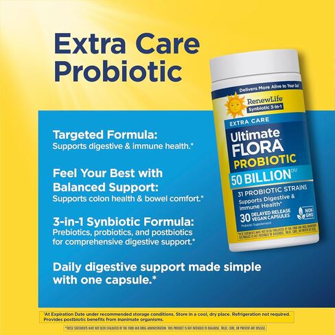 Renew Life Ultimate Flora Probiotic with Prebiotic | 50 Billion CFU | 31 Probiotic Strains | 30 Delayed Release Vegan Capsules | 3-1 Synbiotic | Supports Digestive Health | Dairy, Soy and Gluten Free in Kuwait