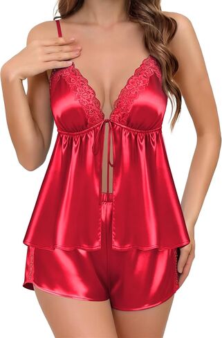 Ekouaer Womens Pajama Sets Sexy Satin Lace Lingerie Nightwear Bow Ties Camisole Tops and Shorts Soft Cute Pjs Set,S-XXL in Kuwait