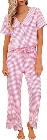 Tanming Womens Gingham 2 Piece Pajamas Sets Puff Sleeve Babydoll Shirt Ruffle Pants Pj Lounge Set Sleepwear in Kuwait
