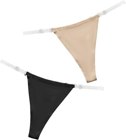 2 Pack Clear Thongs for Women, Adjustable Invisible G String T-Back Clear Strap Thong, No Show Panties for Women, Black & Nude in Kuwait