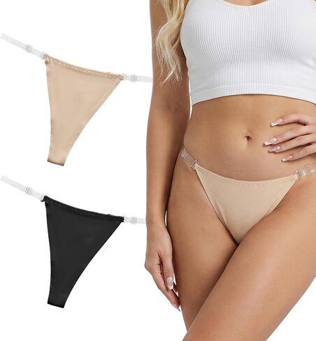 2 Pack Clear Thongs for Women, Adjustable Invisible G String T-Back Clear Strap Thong, No Show Panties for Women, Black & Nude in Kuwait