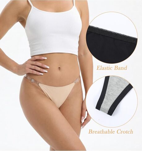 2 Pack Clear Thongs for Women, Adjustable Invisible G String T-Back Clear Strap Thong, No Show Panties for Women, Black & Nude in Kuwait