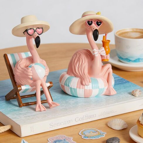 WDS WONDROUS Flamingo Figurines 2Pcs, Summer Beach Decor, Pink Resin Statues with Pool Float & Beach Chair, Tropical Vacation Tabletop Gifts for Women Desk Holiday Decoration in Saudi Arabia