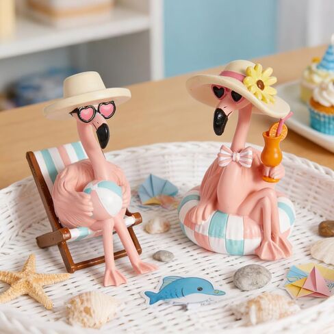 WDS WONDROUS Flamingo Figurines 2Pcs, Summer Beach Decor, Pink Resin Statues with Pool Float & Beach Chair, Tropical Vacation Tabletop Gifts for Women Desk Holiday Decoration in Saudi Arabia