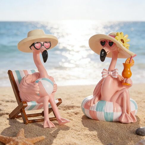 WDS WONDROUS Flamingo Figurines 2Pcs, Summer Beach Decor, Pink Resin Statues with Pool Float & Beach Chair, Tropical Vacation Tabletop Gifts for Women Desk Holiday Decoration in Saudi Arabia