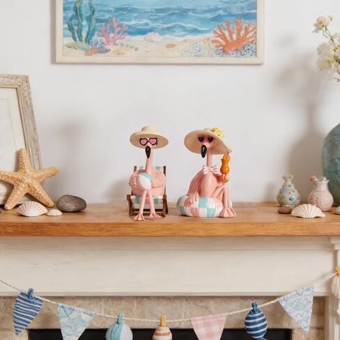 WDS WONDROUS Flamingo Figurines 2Pcs, Summer Beach Decor, Pink Resin Statues with Pool Float & Beach Chair, Tropical Vacation Tabletop Gifts for Women Desk Holiday Decoration in Saudi Arabia