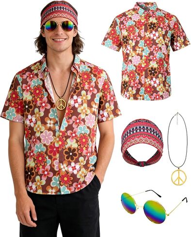 Mens 70s Outfit Hippie Costume Shirt Clothes with Accessories Headbands Sunglasses Necklace in Saudi Arabia