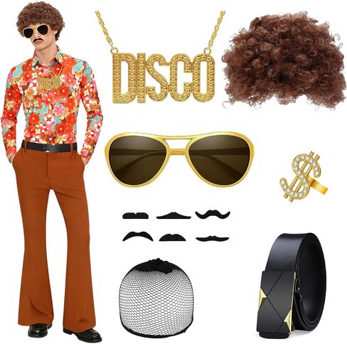 TOLOYE 70s Outfits for Men - 9 Pcs Disco Costume Set with Shirt, Bell Bottom Pants & Accessories for Retro Halloween Party in Saudi Arabia