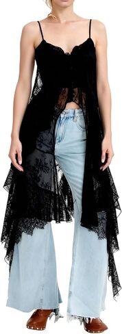 Women Boho Lace Flowy Top Spaghetti Strap Sheer See Through Long Cami High Low Ruffle Layering Crop Tops in Saudi Arabia