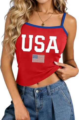 PECHAR USA تانك القمم النساء 4th من يوليو بلا أكمام الوطنية الأشرطة المحاصيل العلم الأمريكي السباغيتي حزام قابل للتعديل القمصان in Kuwait