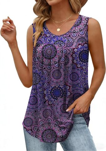 Zeagoo Women Summer Tank Tops Loose Fit Flowy Boho Pleated Sleeveless Shirts Crew Neck Dressy Casual Tunic Trendy Blouses in Kuwait