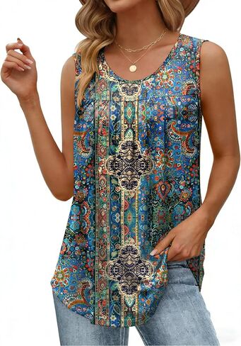 Zeagoo Women Summer Tank Tops Loose Fit Flowy Boho Pleated Sleeveless Shirts Crew Neck Dressy Casual Tunic Trendy Blouses in Kuwait