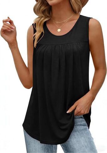 Zeagoo Women Summer Tank Tops Loose Fit Flowy Boho Pleated Sleeveless Shirts Crew Neck Dressy Casual Tunic Trendy Blouses in Kuwait