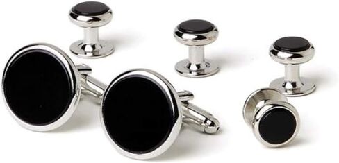 Classic Black Onyx Tuxedo Cufflinks and Studs Set Silver Trim in Saudi Arabia