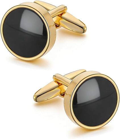 Gold Cufflinks for Men with Round Black Enamel, Cuff Links Mens Gold for French Cuff Shirts, Classic Cufflink for Wedding Business Father's Day, Gift for Groosmen, Husband & Dad in Saudi Arabia
