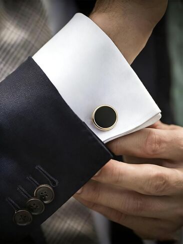 Gold Cufflinks for Men with Round Black Enamel, Cuff Links Mens Gold for French Cuff Shirts, Classic Cufflink for Wedding Business Father's Day, Gift for Groosmen, Husband & Dad in Saudi Arabia