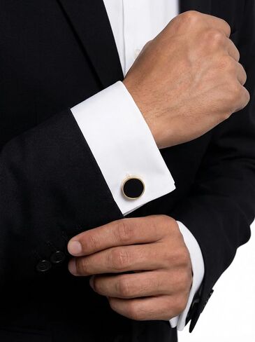 Gold Cufflinks for Men with Round Black Enamel, Cuff Links Mens Gold for French Cuff Shirts, Classic Cufflink for Wedding Business Father's Day, Gift for Groosmen, Husband & Dad in Saudi Arabia