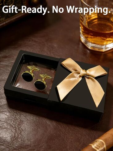 Gold Cufflinks for Men with Round Black Enamel, Cuff Links Mens Gold for French Cuff Shirts, Classic Cufflink for Wedding Business Father's Day, Gift for Groosmen, Husband & Dad in Saudi Arabia