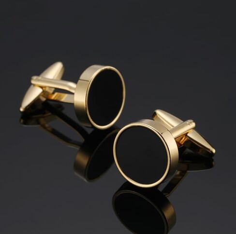 Gold Cufflinks for Men with Round Black Enamel, Cuff Links Mens Gold for French Cuff Shirts, Classic Cufflink for Wedding Business Father's Day, Gift for Groosmen, Husband & Dad in Saudi Arabia
