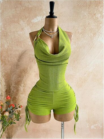 Milumia Women Backless Halter Romper Draped Sleeveless Ruched Bodycon Beach Vacation Outfits in Kuwait