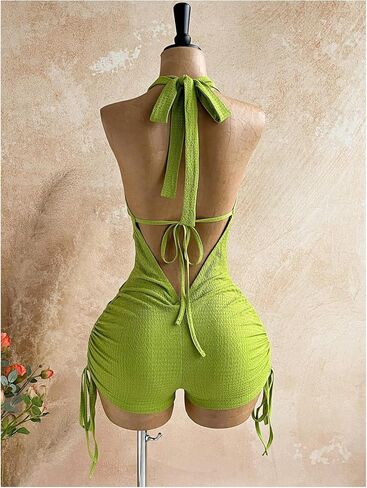 Milumia Women Backless Halter Romper Draped Sleeveless Ruched Bodycon Beach Vacation Outfits in Kuwait
