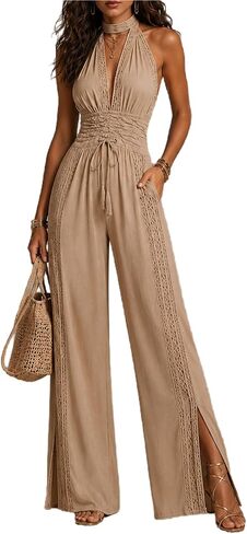 Jumpsuits for Women Dressy Halter Lace Top Wide Leg Pants Sexy Summer Vacation Club Party One Piece Outfit in Saudi Arabia
