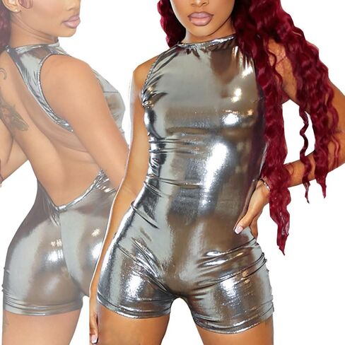 Women's Summer Metallic Romper Sleeveless Halter Backless Jumpsuit Backless Rave Outfit Bodycon in Saudi Arabia