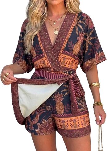 CHICME Women's Summer Boho Romper 2026 V Neck Batwing Sleeve Floral Jumpsuit Tie Waist Skort Casual Vacation Beach Outfits in Kuwait