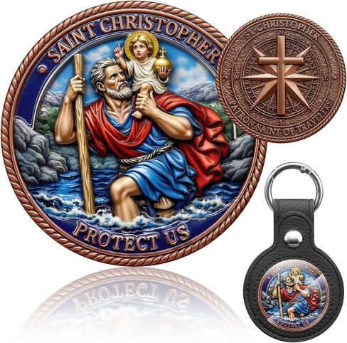 St Christopher Medal Keychain Saint Christopher Christian Religious Gifts with Leather Coin Holder in Saudi Arabia