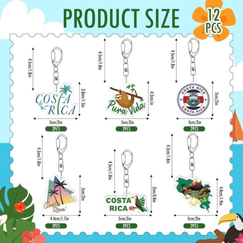 12Pcs Costa Rica Keychains Pure Life Acrylic Keychain Bulk Costa Rica Souvenirs for Kid Adult Tropical Sloth Toucan Flag Design Party Favors for Birthday Goodie Bag Fillers Travel Gifts Backpack Charm in Kuwait